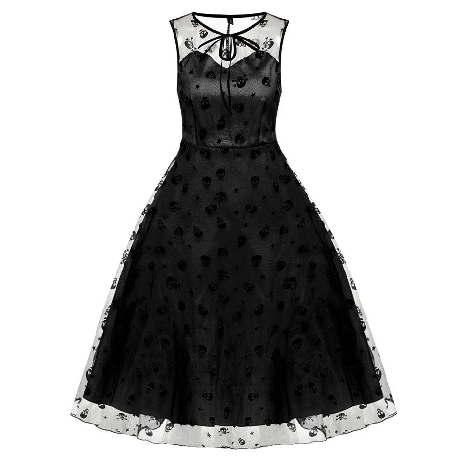 Retro Women Vintage Style Sleeveless Mesh Embroidery Long Cocktail Party Dress Flower Skull Ball Grown
