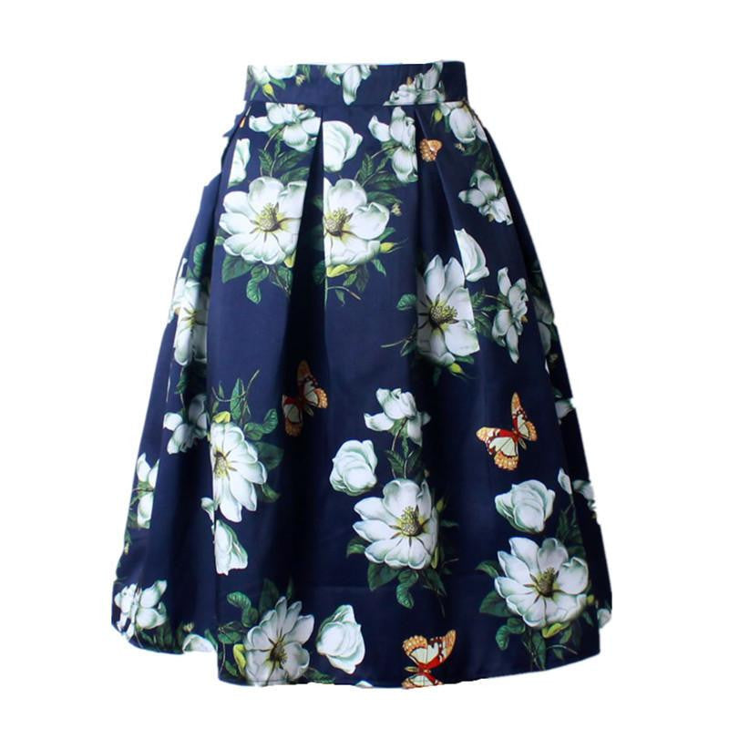 Women Vintage Retro Satin Floral Pleated Skirts Audrey Hepburn Style High Waist A-Line tutu Midi Skirt