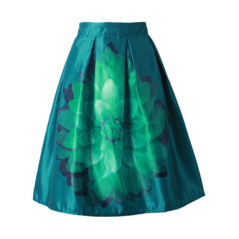 Women Vintage Retro Satin Floral Pleated Skirts Audrey Hepburn Style High Waist A-Line tutu Midi Skirt