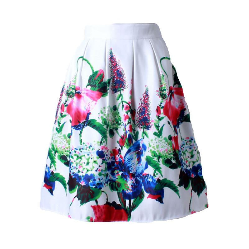 Women Vintage Retro Satin Floral Pleated Skirts Audrey Hepburn Style High Waist A-Line tutu Midi Skirt