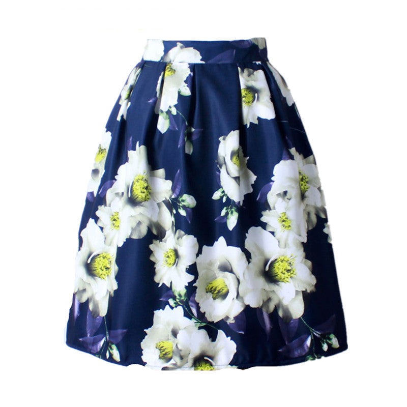 Women Vintage Retro Satin Floral Pleated Skirts Audrey Hepburn Style High Waist A-Line tutu Midi Skirt