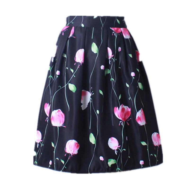 Women Vintage Retro Satin Floral Pleated Skirts Audrey Hepburn Style High Waist A-Line tutu Midi Skirt