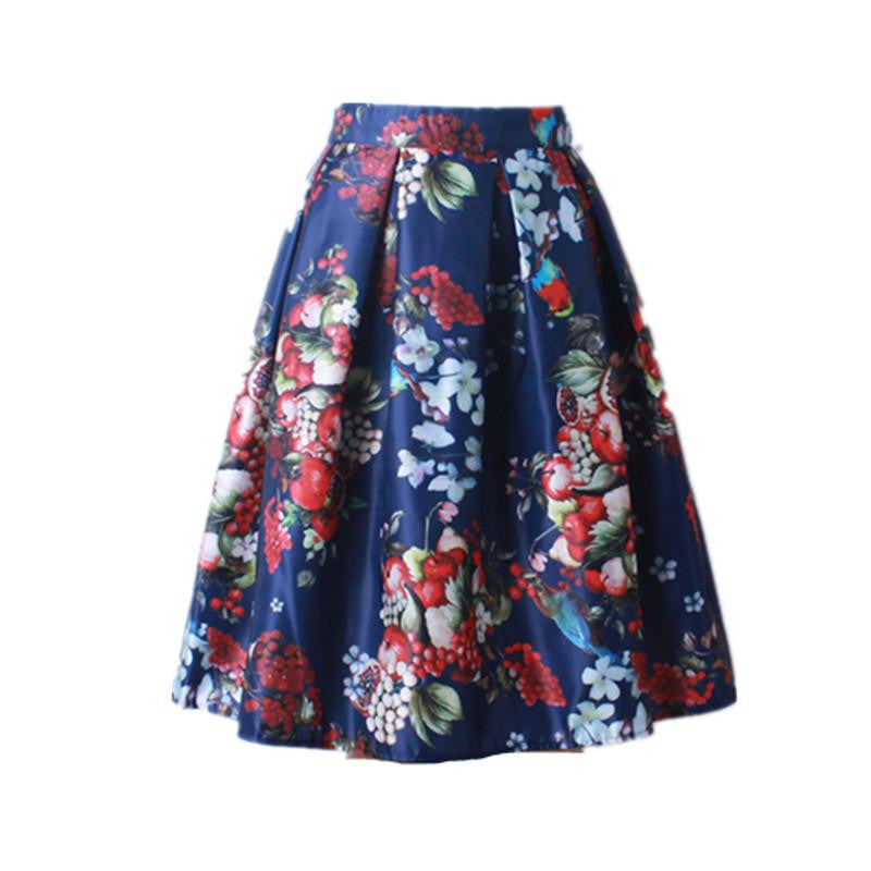 Women Vintage Retro Satin Floral Pleated Skirts Audrey Hepburn Style High Waist A-Line tutu Midi Skirt