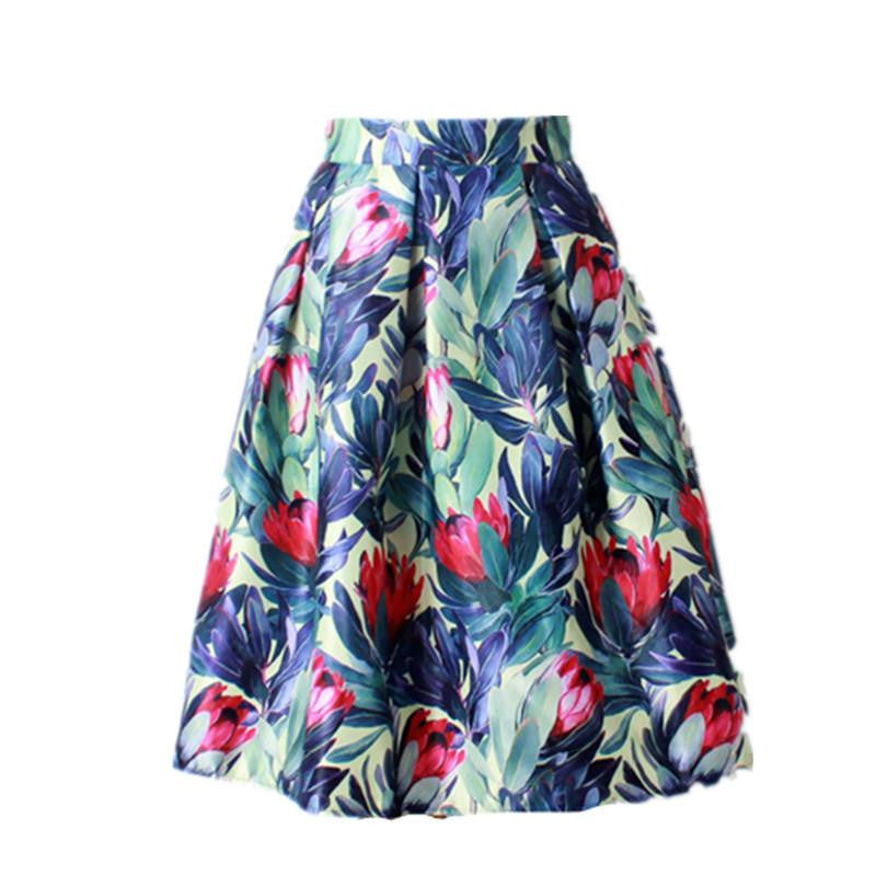 Women Vintage Retro Satin Floral Pleated Skirts Audrey Hepburn Style High Waist A-Line tutu Midi Skirt