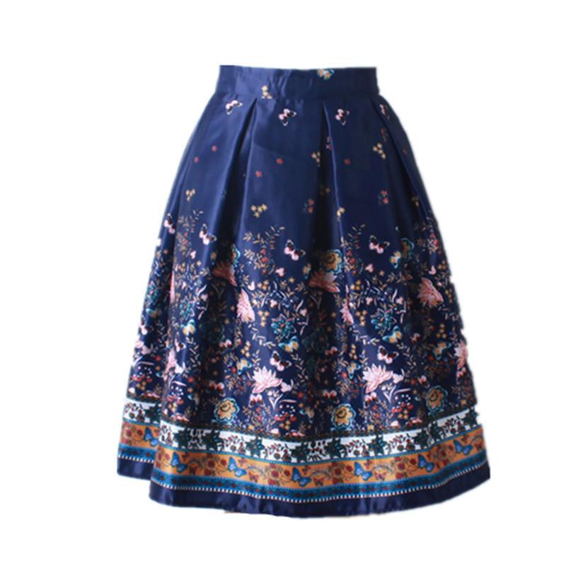 Women Vintage Retro Satin Floral Pleated Skirts Audrey Hepburn Style High Waist A-Line tutu Midi Skirt