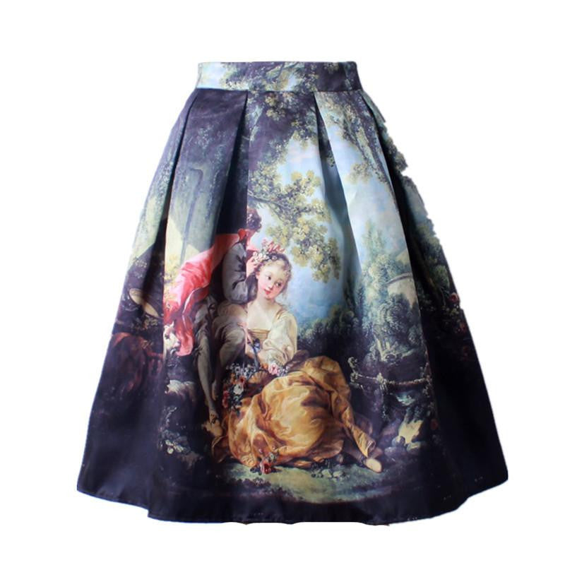 Women Vintage Retro Satin Floral Pleated Skirts Audrey Hepburn Style High Waist A-Line tutu Midi Skirt