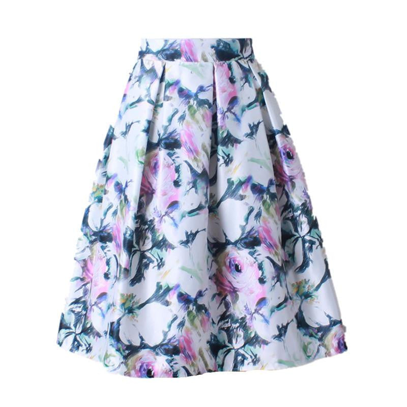 Women Vintage Retro Satin Floral Pleated Skirts Audrey Hepburn Style High Waist A-Line tutu Midi Skirt