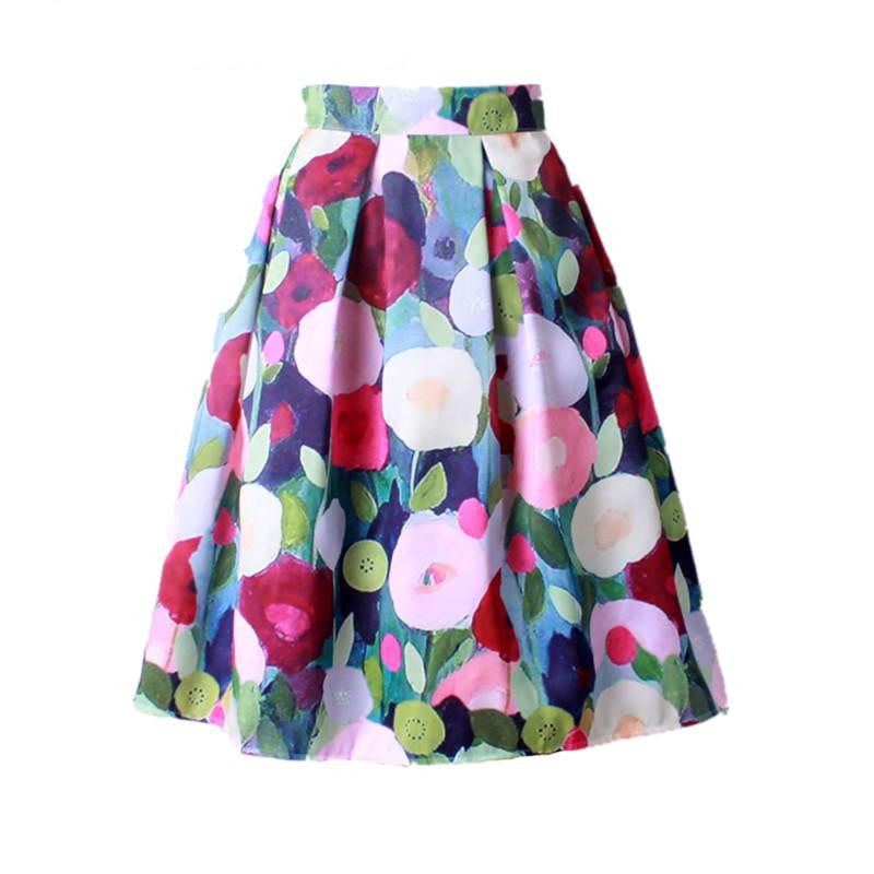 Women Vintage Retro Satin Floral Pleated Skirts Audrey Hepburn Style High Waist A-Line tutu Midi Skirt