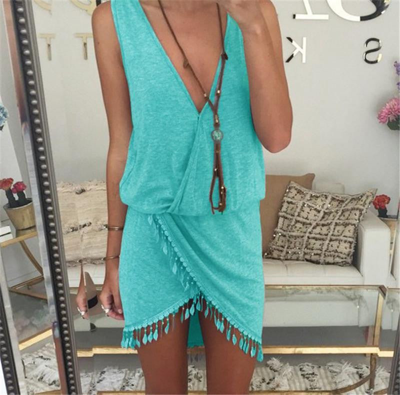 Summer Style Women Tassel Dress Fashion Deep V-neck Beach Dresses Soli Summer Style Women Tassel Dress Fashion Deep V-neck Beach Dresses Soli