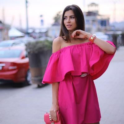 ruffles slash neck women dress summer off shoulder Women Off-shoulder Chiffon Dress Midi Ruffle Folding Short Sleeve Summer Sweet