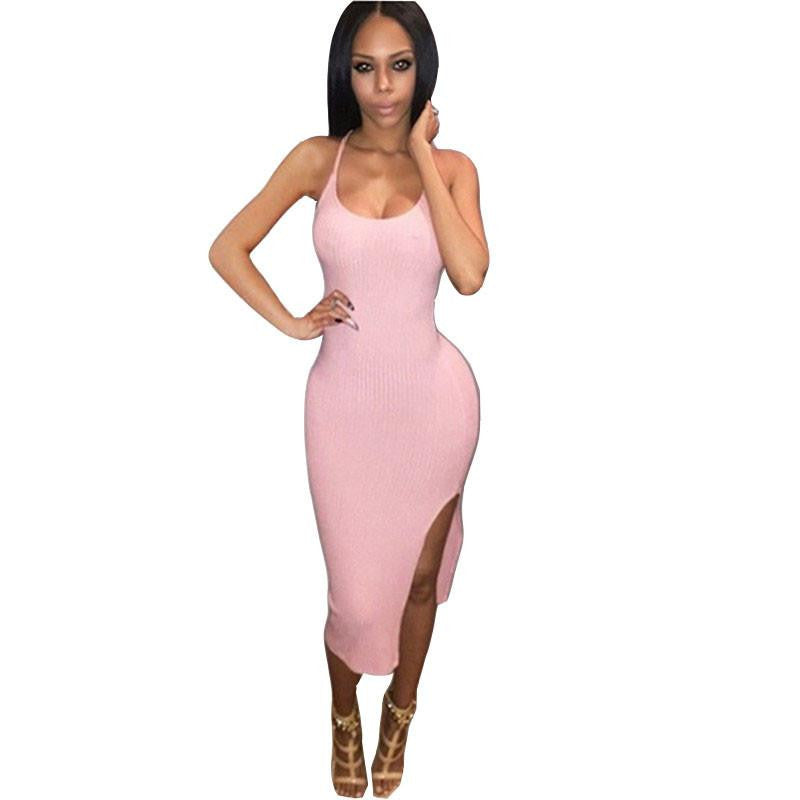Summer style Spaghetti Strap Cross Front Bandage Dress Backless V-neck Cut Out Dress Mid-Calf Dress bodycon dresses club