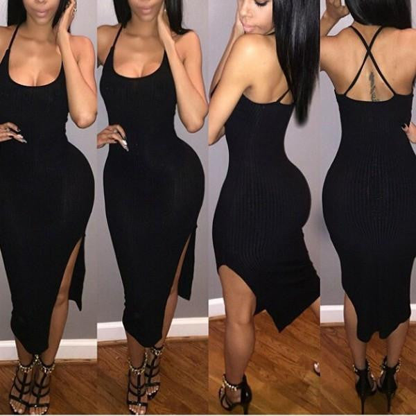 Summer style Spaghetti Strap Cross Front Bandage Dress Backless V-neck Cut Out Dress Mid-Calf Dress bodycon dresses club