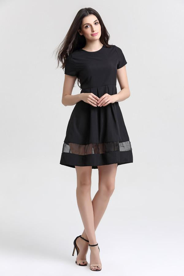 Women Dresses Fashion Round Neck Solid Casual Summer Dress Plus Size Splice Dress Black Vintage Office Dresses