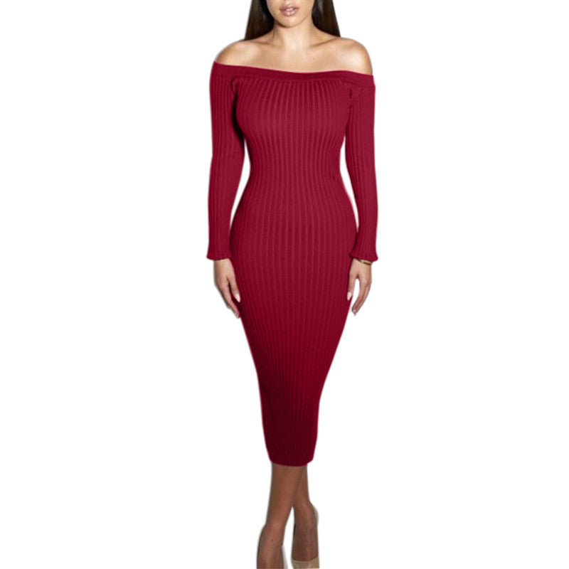 Online discount shop Australia - Fashion Long Sleeve Off Shoulder Slash Neck Sexy Club Women Dress Slim Bodycon Knitted Sweater Knee-Length Party Night Dresses