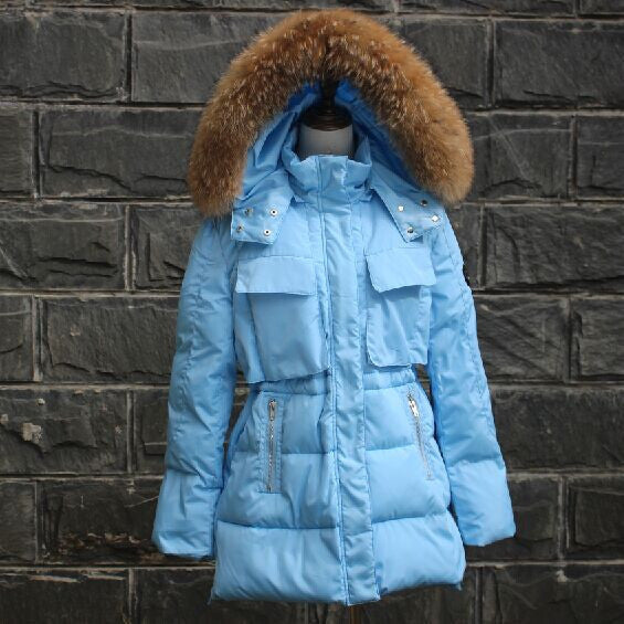 Large Real Fur Jacket Women Raccoon Fur Collar Hooded Thick Down Coat For Women Parka