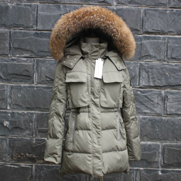 Large Real Fur Jacket Women Raccoon Fur Collar Hooded Thick Down Coat For Women Parka