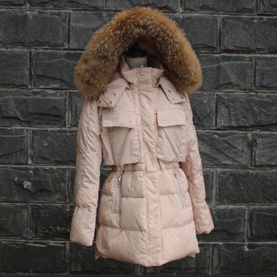 Large Real Fur Jacket Women Raccoon Fur Collar Hooded Thick Down Coat For Women Parka