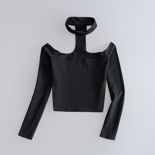 Online discount shop Australia - Long Sleeve Crop Top Choker Slash Neck Black Pink Tshirt Women Off The Shoulder Tops For Women Tee Shirt  American Apparel