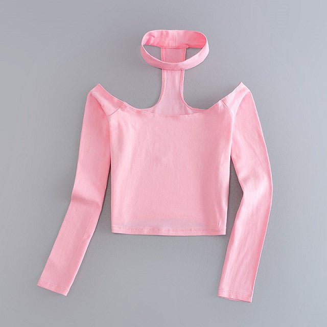 Online discount shop Australia - Long Sleeve Crop Top Choker Slash Neck Black Pink Tshirt Women Off The Shoulder Tops For Women Tee Shirt  American Apparel