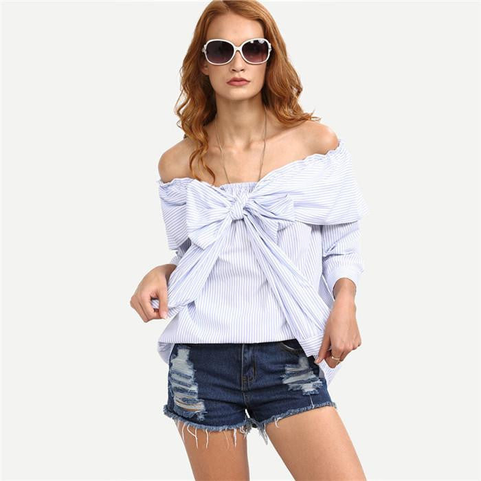 Women Cute Tops Blue Striped Bow Off The Shoulder Blouses Style Casual Shirts Ladies 3/4 Sleeve Blouse