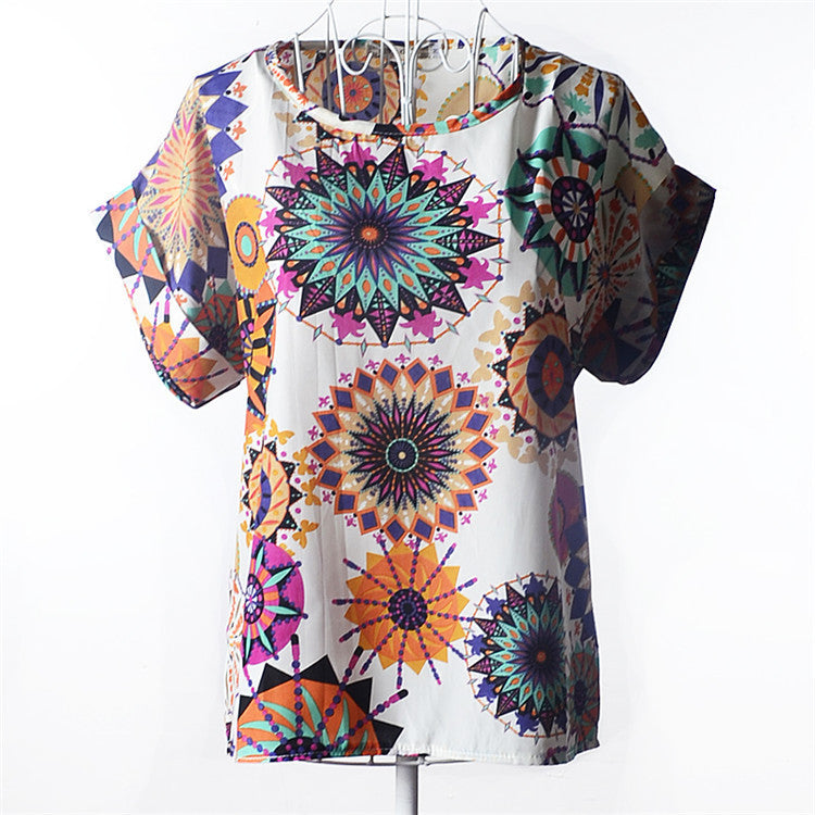 Online discount shop Australia - Casual Shirts for Women Chiffon Blouses Batwing Short Sleeve O-neck Plus Size XXL Print Shirt Tops Female LY1213a
