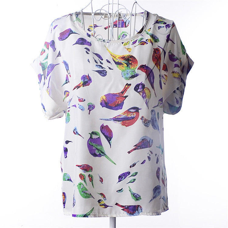 Online discount shop Australia - Casual Shirts for Women Chiffon Blouses Batwing Short Sleeve O-neck Plus Size XXL Print Shirt Tops Female LY1213a