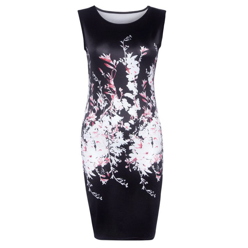 Online discount shop Australia - Autumn Women Sexy Dresses Ladies Elegant Black Sleeveless Knee Length Floral Print Sheath Dress