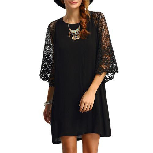 SheIn Womens Summer Shift Dresses Ladies Black Hollow Out Crochet Three Quarter Length Sleeve Round Neck Casual Tunic Dress
