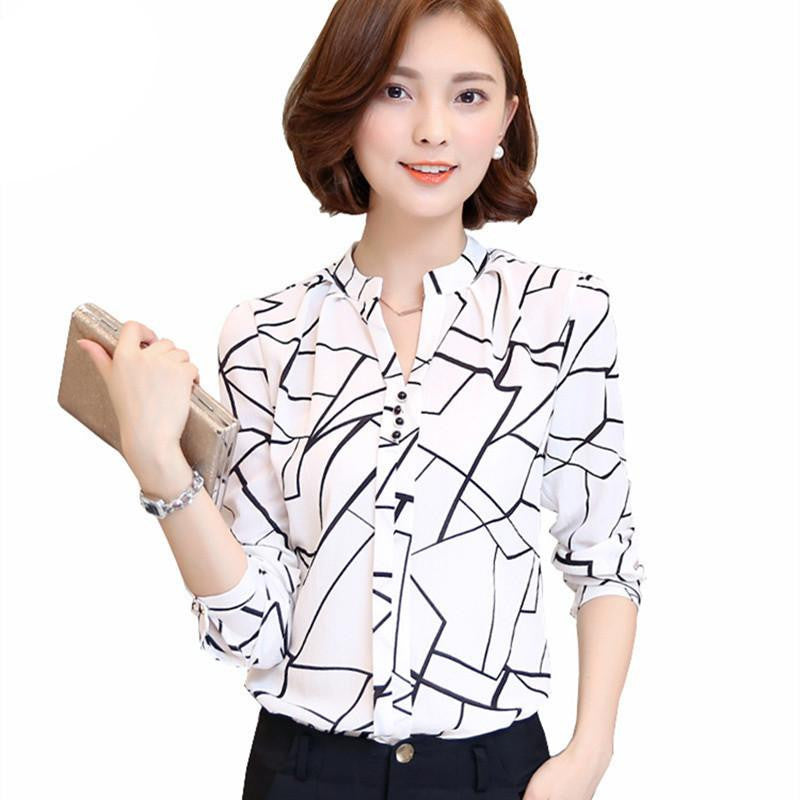 women shirts Chiffon Blouse Printed Long Sleeve Blouse White Striped Blouses Top Shirt