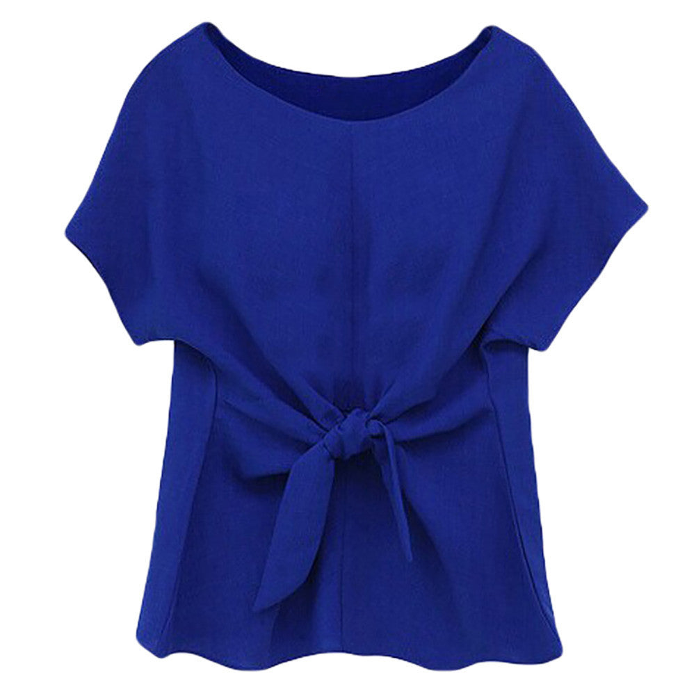 Women Blue Chiffon Shirt Short Sleeves Shirt Girls O-neck Blouses Tops