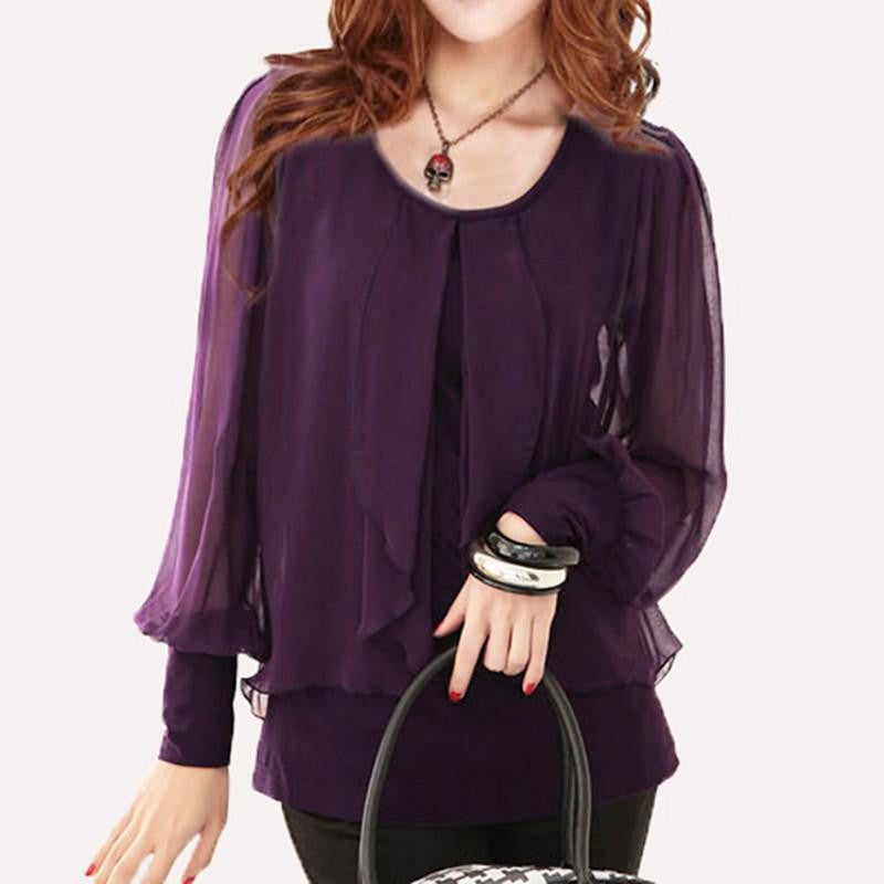 Women Black Shirt Plus Size Tops Purple Chiffon Shirt Female Long-Sleeve Chiffon Blouses Loose Solid