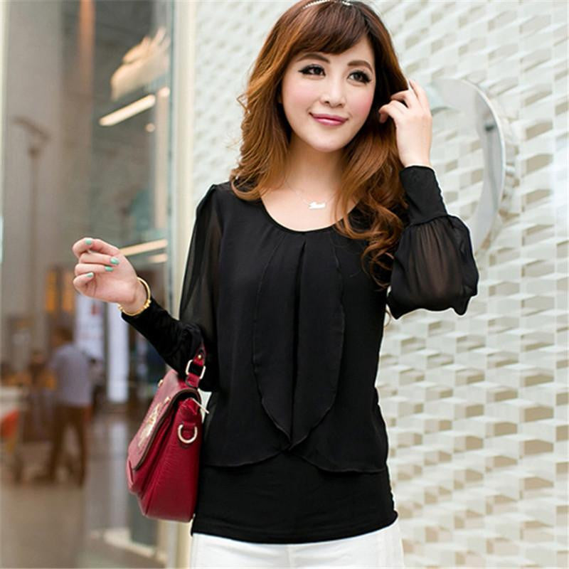 Women Black Shirt Plus Size Tops Purple Chiffon Shirt Female Long-Sleeve Chiffon Blouses Loose Solid