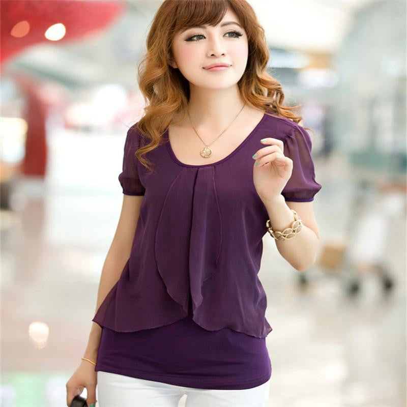 Women Black Shirt Plus Size Tops Purple Chiffon Shirt Female Long-Sleeve Chiffon Blouses Loose Solid