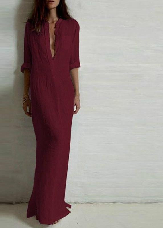 Vestidos Autumn Women Long Dress Elegant Ladies Full Sleeve Deep V Neck Long Line Split Solid Color Floor-length Dress