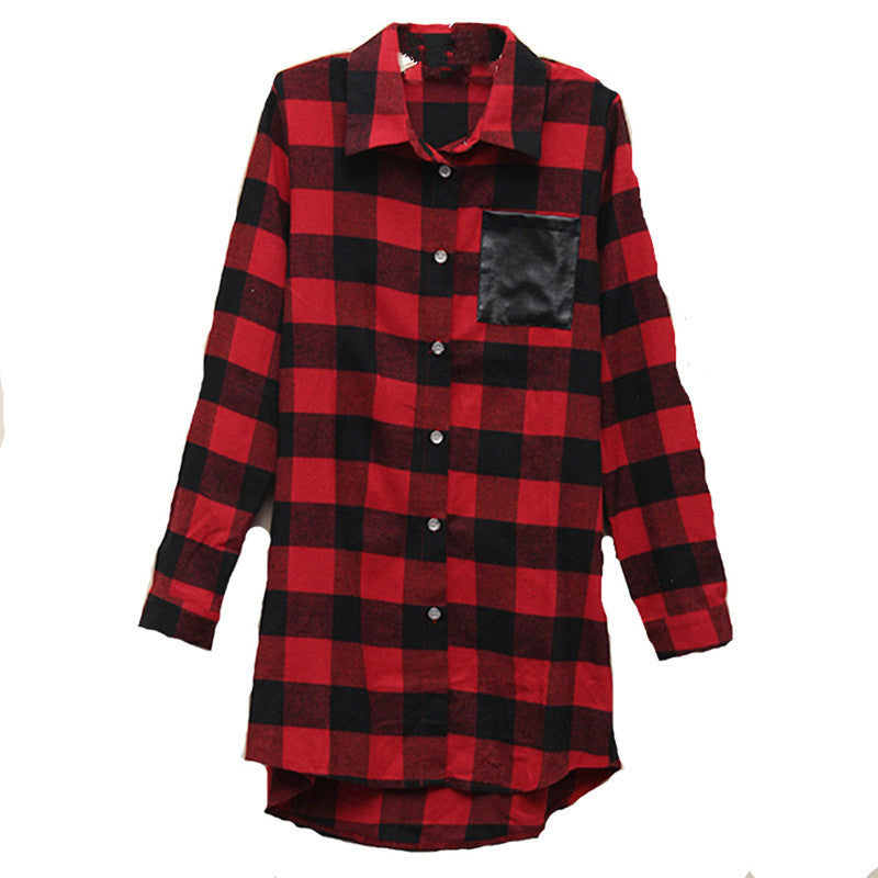 Style Womens Classic Black Red Check Plaid Pockets Blouse Long Sleeve Turn Down Collar Tops Shirt Plus Size S-5XL