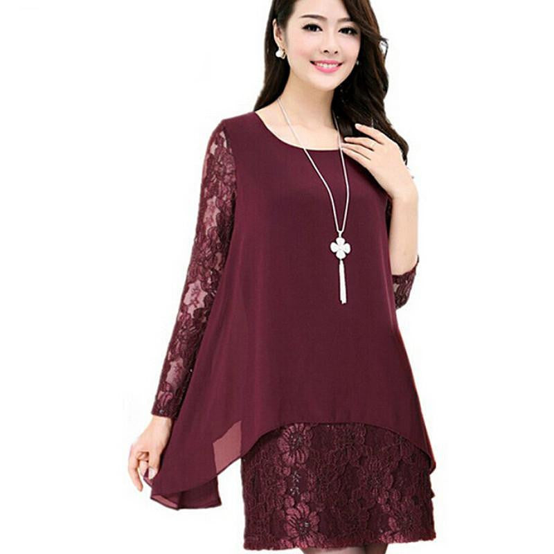 Women chiffon dresse Lace Crochet Long sleeve shirt Plus Size 4xl 5xl fashion lady tops women blouse DTCX112