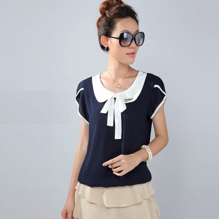 Online discount shop Australia - Bow Women shirt chiffon blouses plus size elegant body peter pan collar blouse blue blouse WC040
