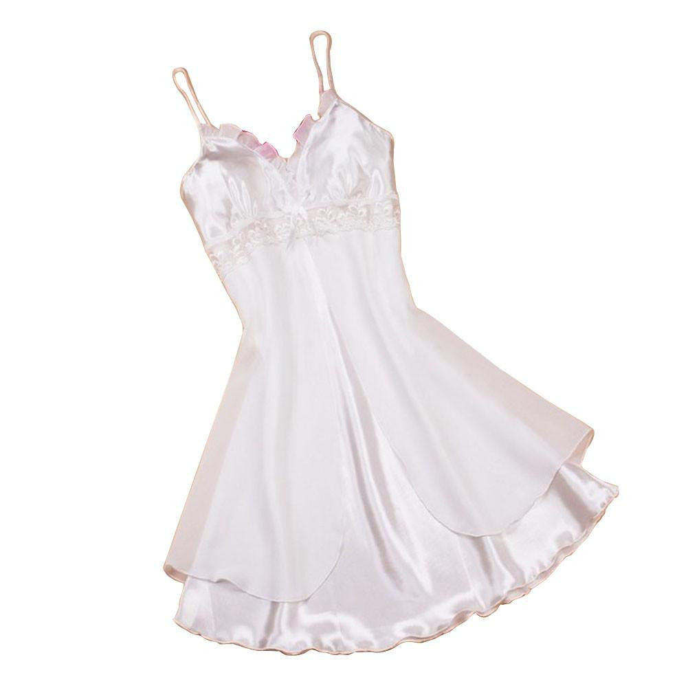 Women Lace Short Mini Braces Nightdress Smooth Satin Nightgown Pajams Sleepwear