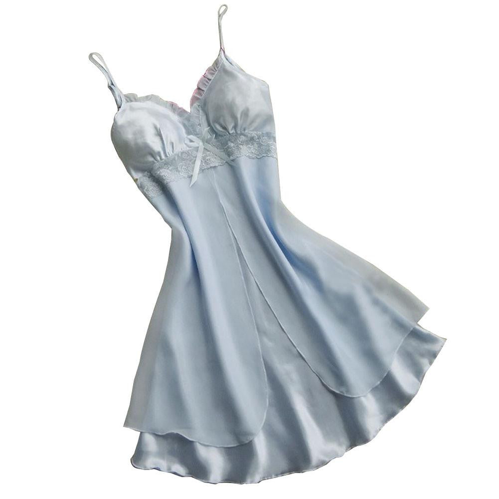Women Lace Short Mini Braces Nightdress Smooth Satin Nightgown Pajams Sleepwear