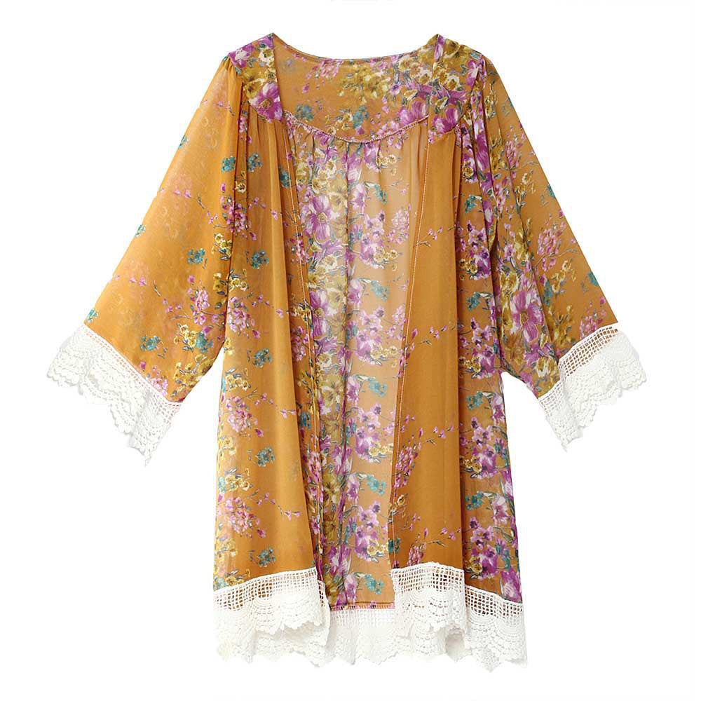 Online discount shop Australia - Chiffon Blouse Women Printed Cardigan Fringed Hem Lace Shawl Oversized Tops Outwear