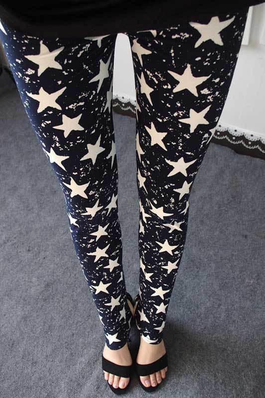 Womens Thin Stretch leggings Colored Stars Graffiti Slim Skinny Leggings Pants Female