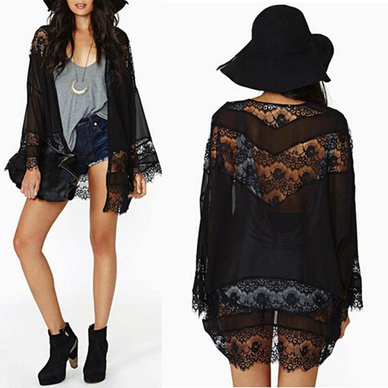 Online discount shop Australia - Cover-up Women Cardigan Lace Crochet Chiffon Loose Outwear Vintage Blouse Tops Plus Size
