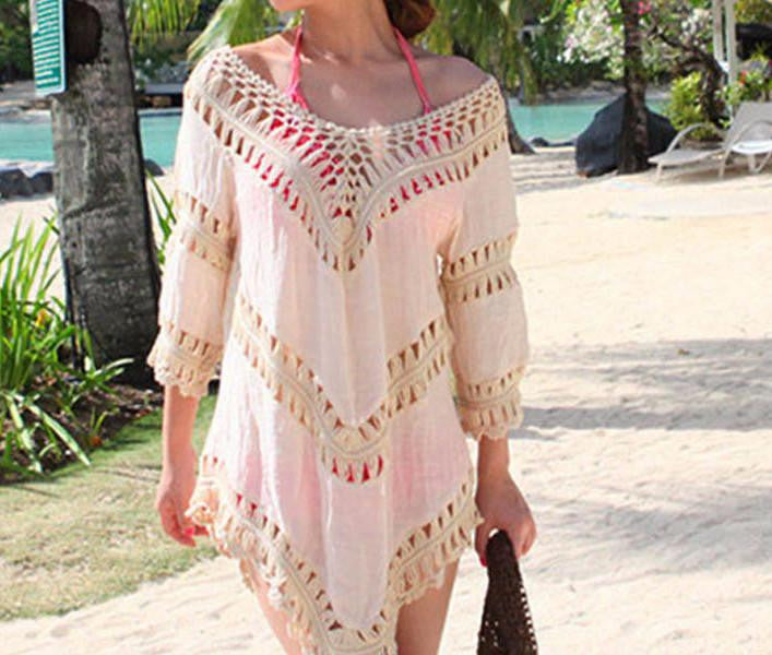 V neck White Tunic Crochet Lace Top Women Elegant Blouse Ladies Beach Shirt Big size