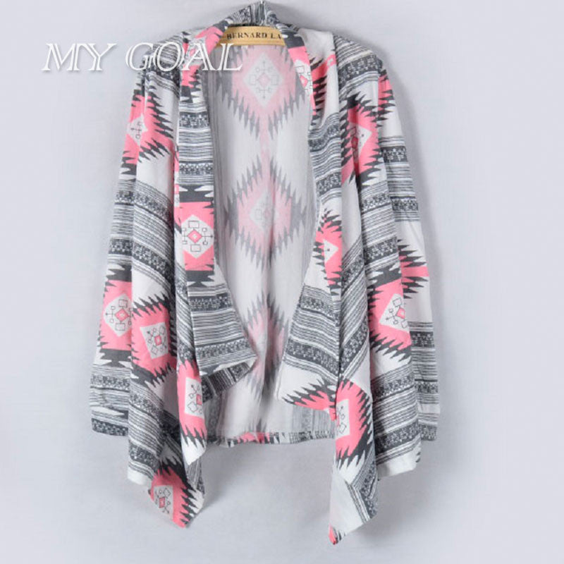 Pink Kimono Cardigan Blouses Women Geometric Printed Long Sleeve Cotton Coat Fashion Knitted Poncho Tops Casual Blouse