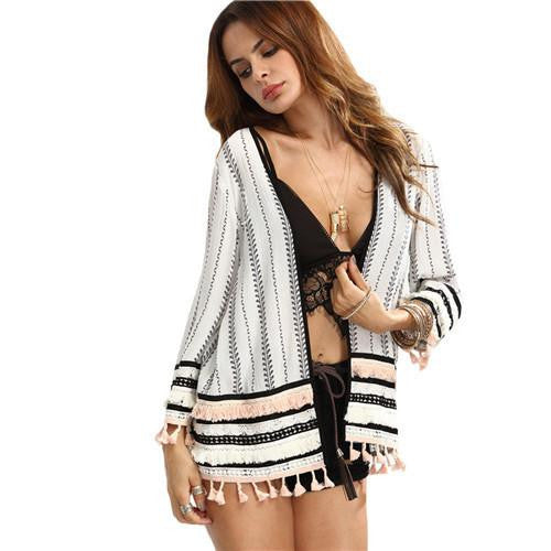 Womens Tops For Ladies Multicolor Long Sleeve Black and White Print Open-Front Tassel Casual Kimono