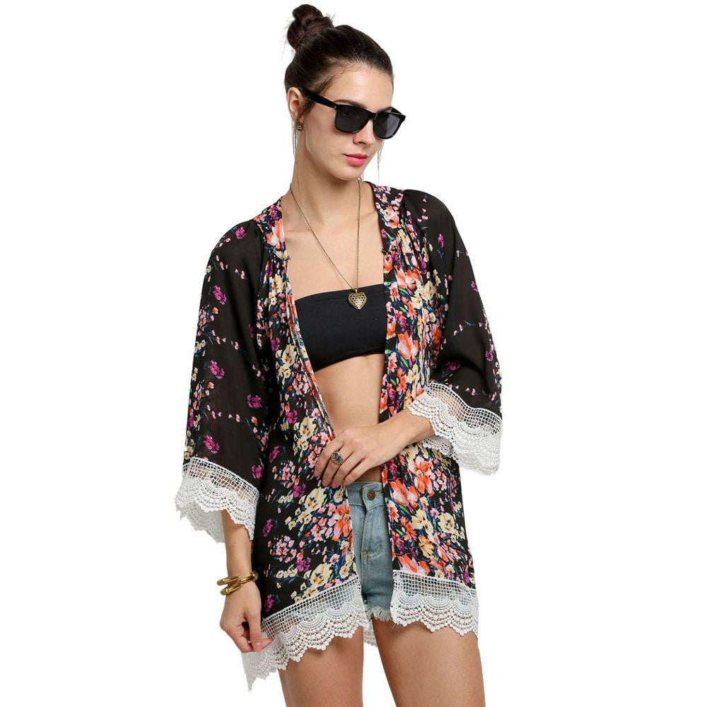 Online discount shop Australia - Blouses Floral Pattern Printed Lace Cardigan Fashion Women Blouse Shirt Batwing Sleeve