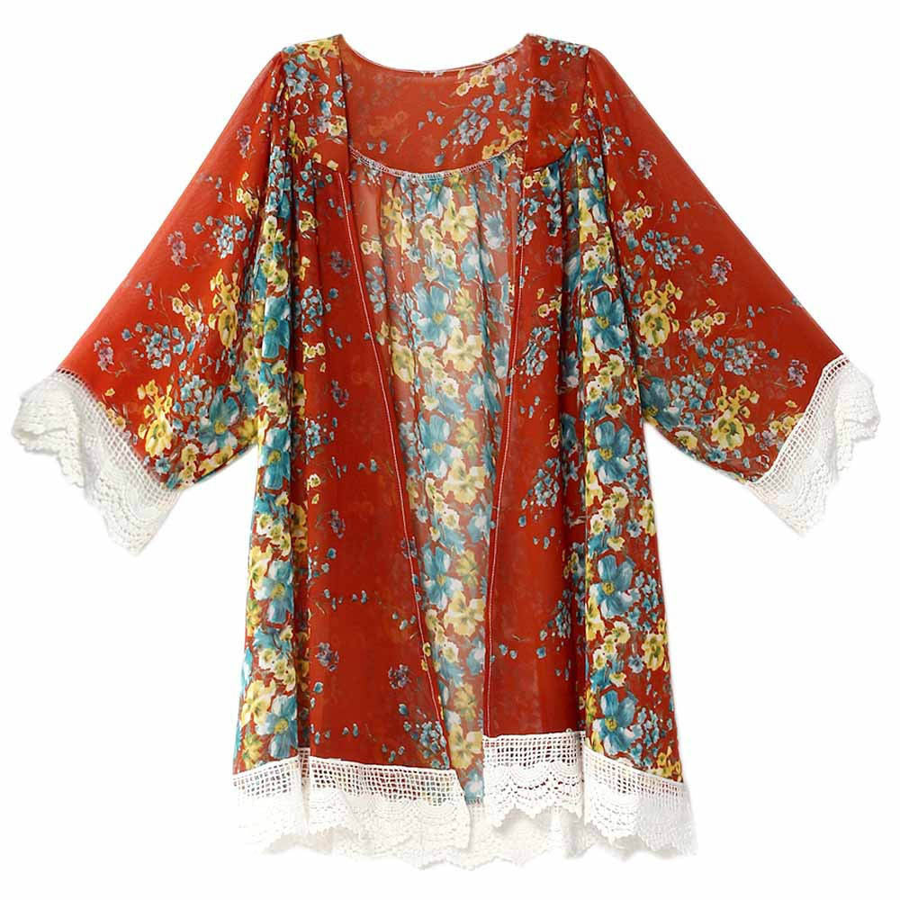 Online discount shop Australia - Blouses Floral Pattern Printed Lace Cardigan Fashion Women Blouse Shirt Batwing Sleeve