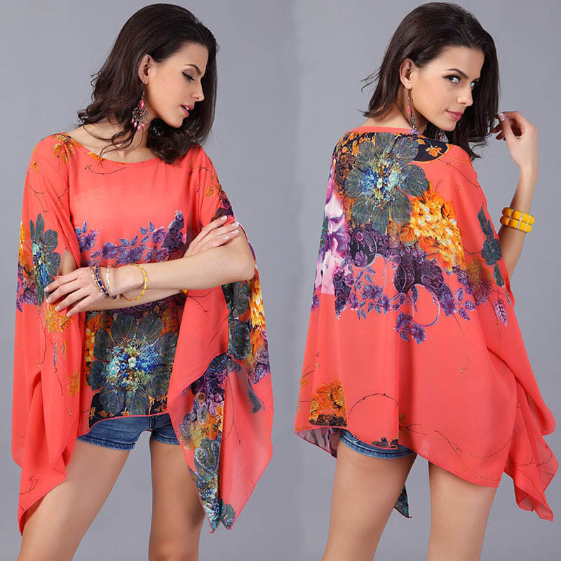 Online discount shop Australia - Boho Batwing Sleeve Chiffon Women Casual Floral Print Loose Kimono Shirts Big Size Beach Tunic Tops Peplum Robe