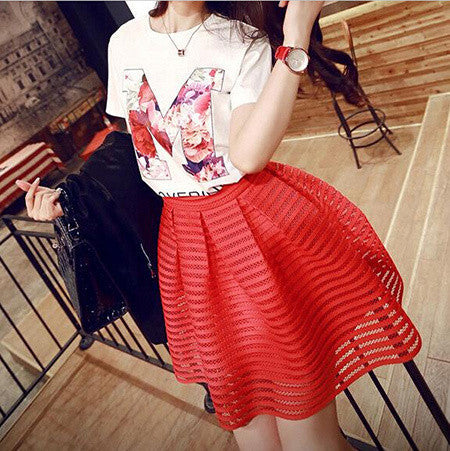Online discount shop Australia - fashion skirt womens striped hollow-out fluffy skirt swing skirt ladies Black/White Ball Gown