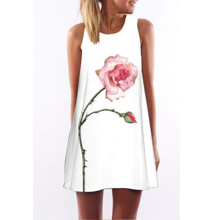 Summer women O-neck sleeveless dresses heart-shaped love printed white dress female fashion loose-fitting